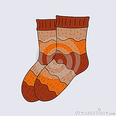 Warm knitted socks for the cold season. Vector illustration. A pair of brown wool socks for adults or children. warm and cozy stri Vector Illustration